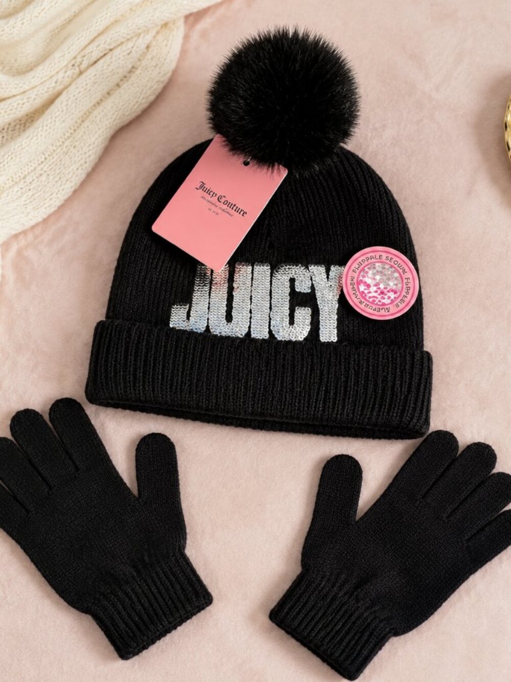 Juicy Couture Black Sequin JUICY Beanie Gloves Pom Winter Set NWT